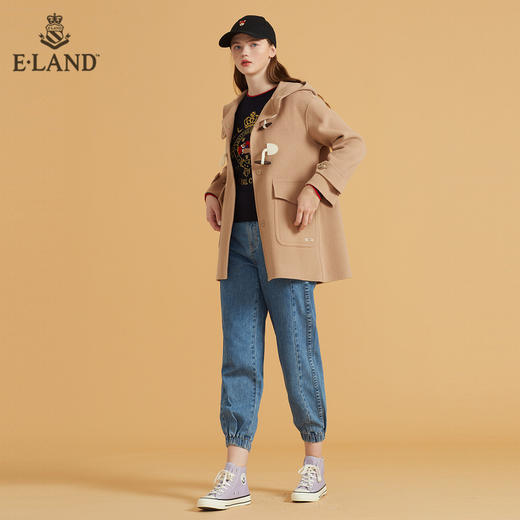ELAND	甜美纯色中长款牛角扣连帽大衣EEJWB49C2M 商品图1