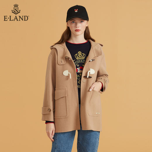 ELAND	甜美纯色中长款牛角扣连帽大衣EEJWB49C2M 商品图2