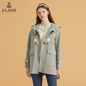 ELAND	甜美纯色中长款牛角扣连帽大衣EEJWB49C2M