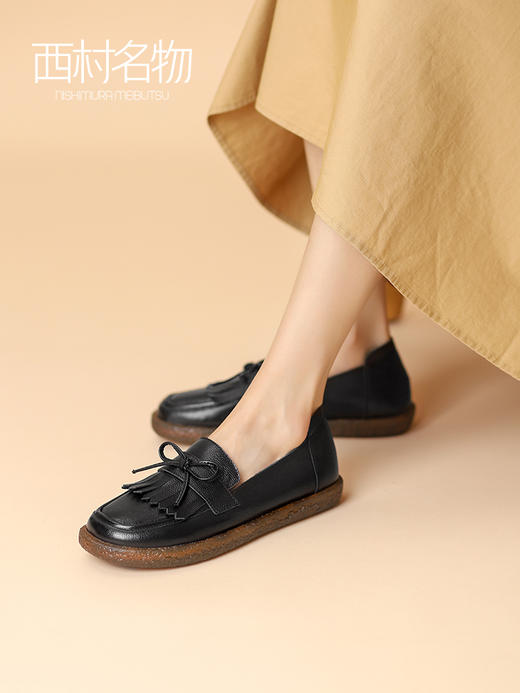 西村名物2021秋季活动真皮英伦复古女厚底流苏豆豆鞋乐福鞋T21CM34061 商品图2