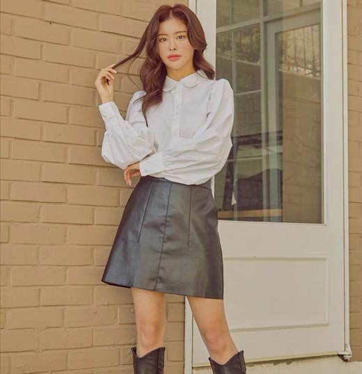 韩都衣舍2021春装新款韩版高腰a字裙子短裙PU半身裙女PS9539禄 商品图0