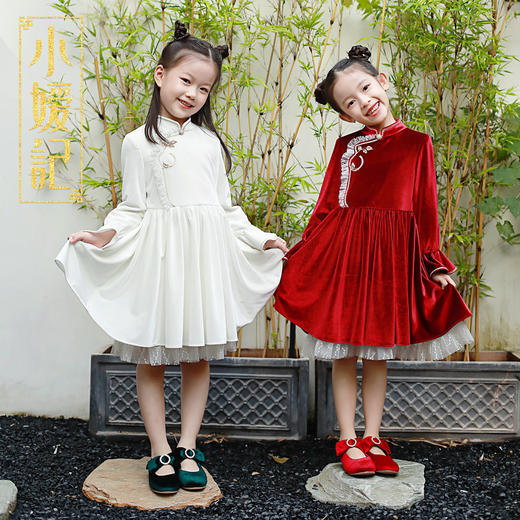 非质量问题不退换哦~小嫒记女童连衣裙秋冬丝绒红色中国风裙子-如意 商品图8