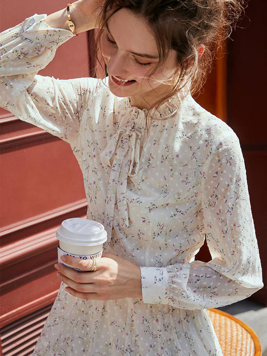 欧芮儿碎花雪纺连衣裙女新款2021收腰显瘦蝴蝶结系带法式裙子 商品图1