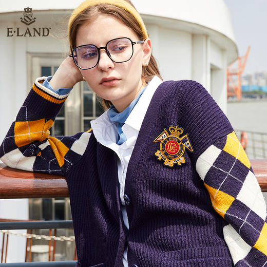 ELAND学院风徽章V领格纹拼接开衫EECKB4TC1C 商品图1