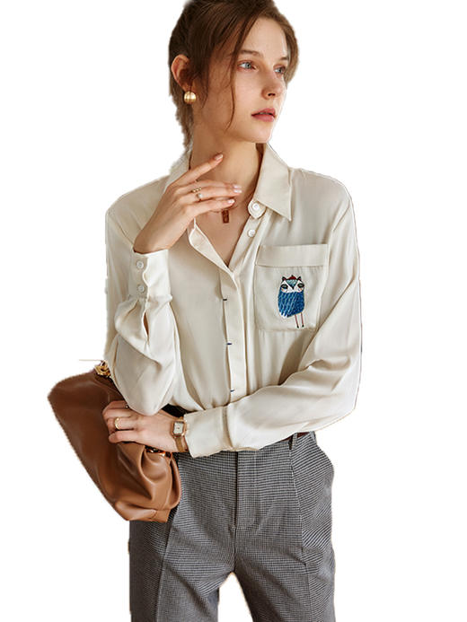 欧芮儿杏色衬衫女新款2021宽松显瘦早秋法式复古刺绣长袖衬衣 商品图3