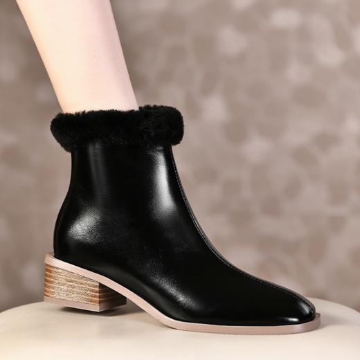 TJXY-XF8175     秋冬新款方头低跟纯色真皮骑士靴侧拉链羊羔毛短筒舒适百搭中跟靴 商品图2