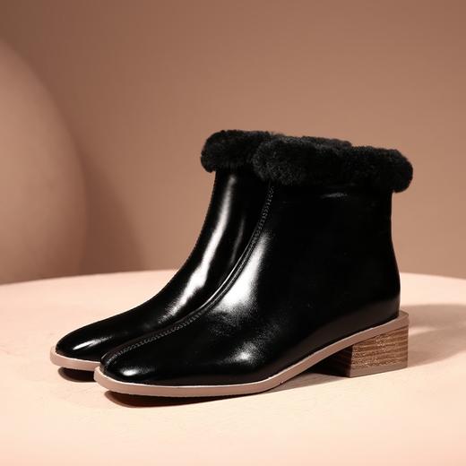 TJXY-XF8175     秋冬新款方头低跟纯色真皮骑士靴侧拉链羊羔毛短筒舒适百搭中跟靴 商品图3