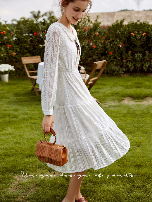 欧芮儿白色连衣裙女2021新款收腰显瘦小个子休闲减龄中长款裙 商品图2