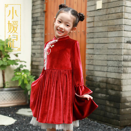 非质量问题不退换哦~小嫒记女童连衣裙秋冬丝绒红色中国风裙子-如意 商品图5