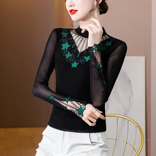 KQL  705G1706新款修身显瘦大码半高领蕾丝长袖网纱T恤 商品图0