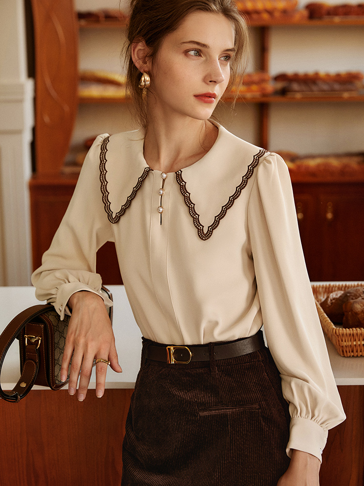 欧芮儿衬衫女春秋2021年新款设计感小众法式复古长袖雪纺薄款上衣