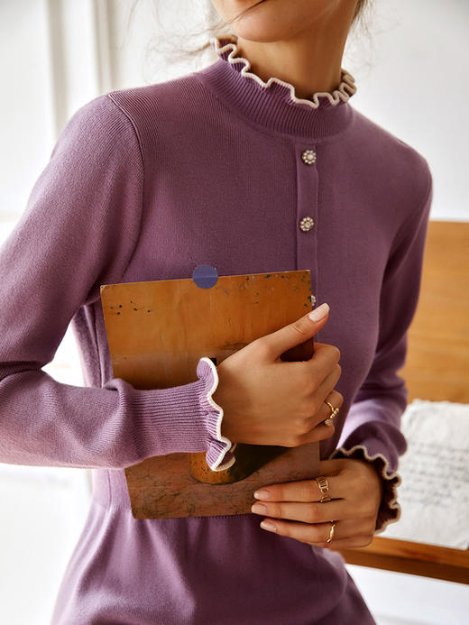 欧芮儿紫色连衣裙女春秋新款2021高腰显瘦气质法式时尚中长针织裙 商品图1