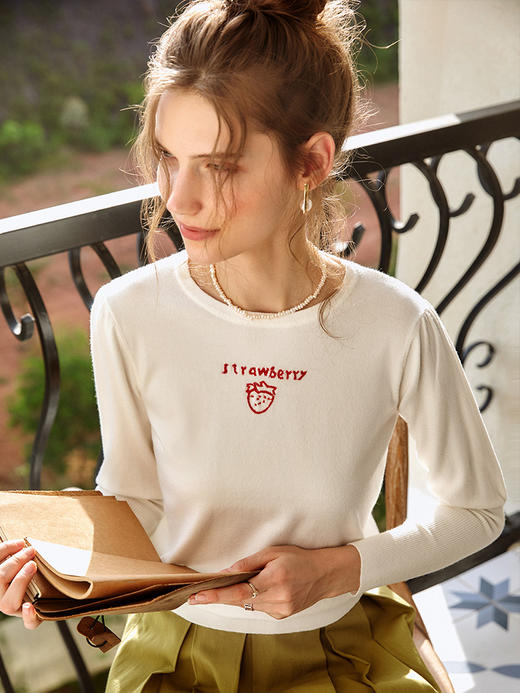 欧芮儿毛衣女宽松外穿2021新款圆领慵懒风薄款白色打底套头衫 商品图0