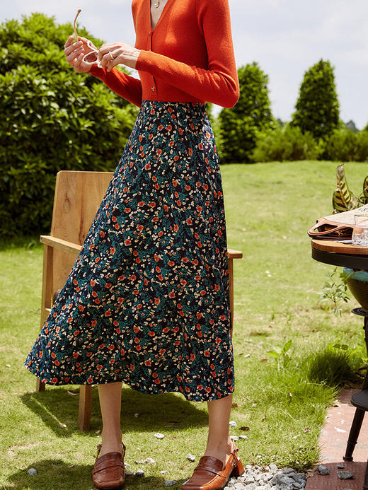 欧芮儿春秋2021新款高腰显瘦复古百搭中长款A字碎花半身裙女早秋 商品图2