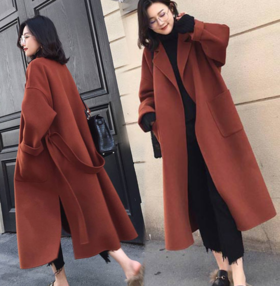 【服饰鞋包】-秋冬宽松中长款过膝系带毛呢大衣外套