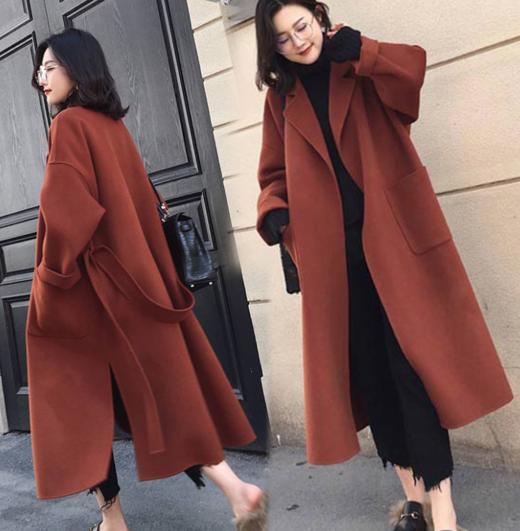 【服饰鞋包】-秋冬宽松中长款过膝系带毛呢大衣外套 商品图0