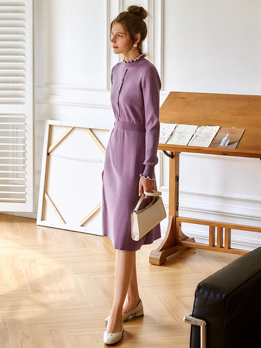 欧芮儿紫色连衣裙女春秋新款2021高腰显瘦气质法式时尚中长针织裙 商品图0
