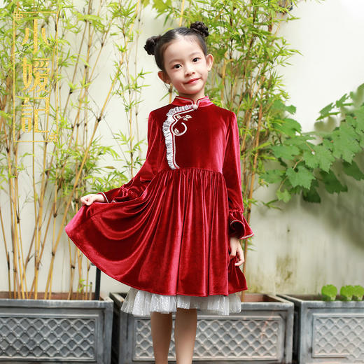 非质量问题不退换哦~小嫒记女童连衣裙秋冬丝绒红色中国风裙子-如意 商品图6