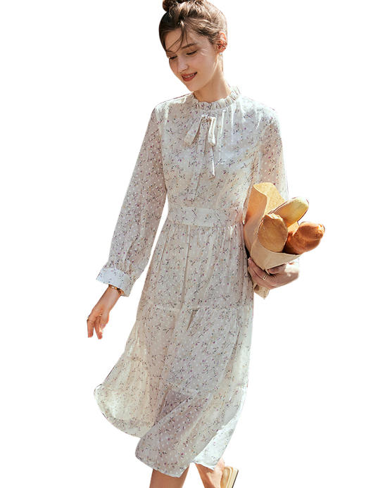 欧芮儿碎花雪纺连衣裙女新款2021收腰显瘦蝴蝶结系带法式裙子 商品图3