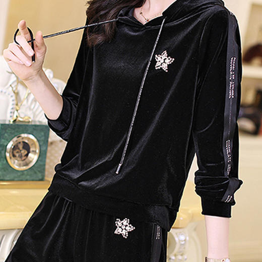 丁摩 金丝绒卫衣套装女春秋黑色休闲连帽上衣裤子时尚两件套Q121204 商品图2