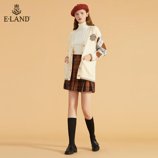 ELAND学院风徽章V领格纹拼接开衫EECKB4TC1C 商品图3