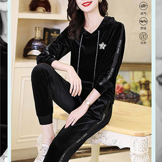 丁摩 金丝绒卫衣套装女春秋黑色休闲连帽上衣裤子时尚两件套Q121204 商品图4