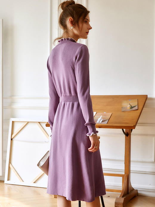 欧芮儿紫色连衣裙女春秋新款2021高腰显瘦气质法式时尚中长针织裙 商品图3