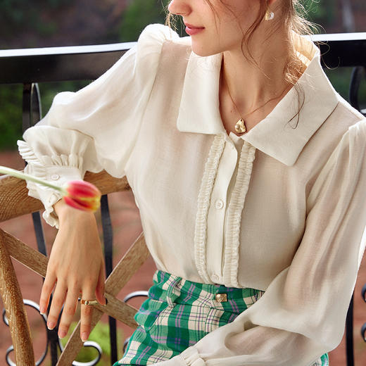 欧芮儿长袖衬衫女2021新款白色设计感小众法式薄款棉麻上衣 商品图1