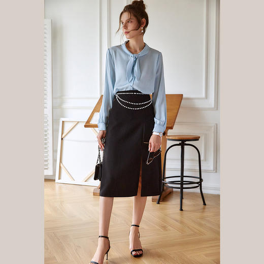 欧芮儿黑色半身裙女新款2021高腰显瘦气质优雅简约直身开衩裙 商品图2