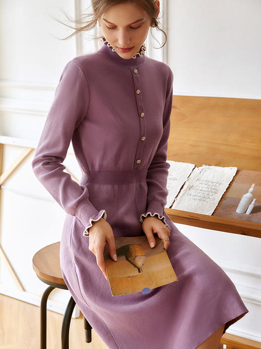 欧芮儿紫色连衣裙女春秋新款2021高腰显瘦气质法式时尚中长针织裙 商品图2