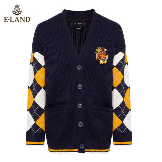 ELAND学院风徽章V领格纹拼接开衫EECKB4TC1C 商品图4