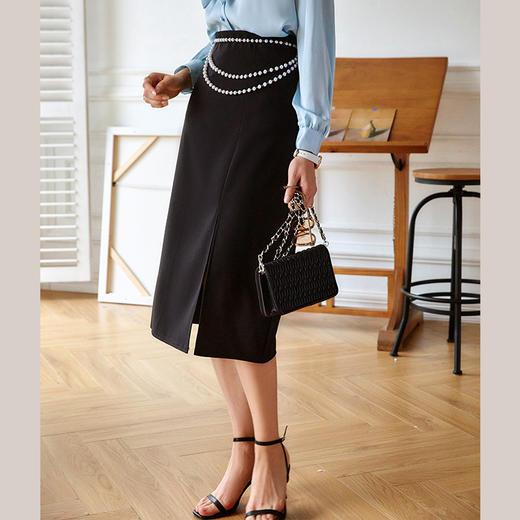 欧芮儿黑色半身裙女新款2021高腰显瘦气质优雅简约直身开衩裙 商品图0