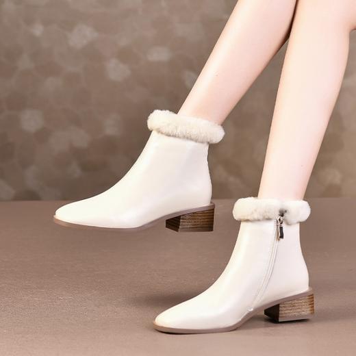 TJXY-XF8175     秋冬新款方头低跟纯色真皮骑士靴侧拉链羊羔毛短筒舒适百搭中跟靴 商品图5