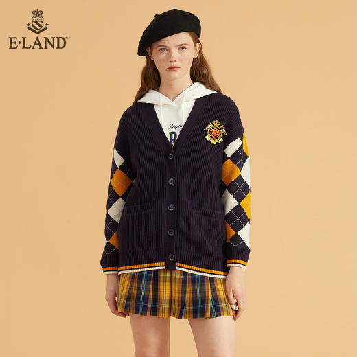ELAND学院风徽章V领格纹拼接开衫EECKB4TC1C 商品图2