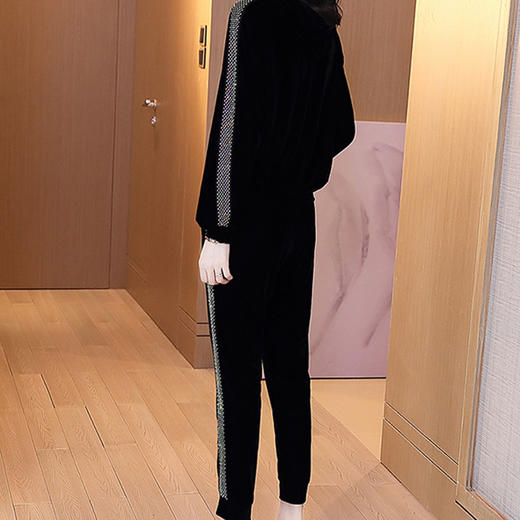 丁摩 休闲时尚套装女春秋黑色连帽卫衣运动洋气显瘦丝绒两件套Q121203 商品图3