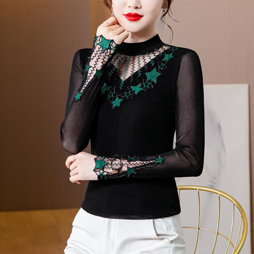 KQL  705G1706新款修身显瘦大码半高领蕾丝长袖网纱T恤 商品图2