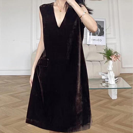丁摩 真丝绒连衣裙女春秋新款欧货V领高贵洋气金丝绒a字背心裙Q121201 商品图5