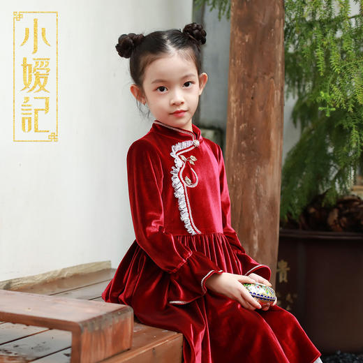 非质量问题不退换哦~小嫒记女童连衣裙秋冬丝绒红色中国风裙子-如意 商品图7