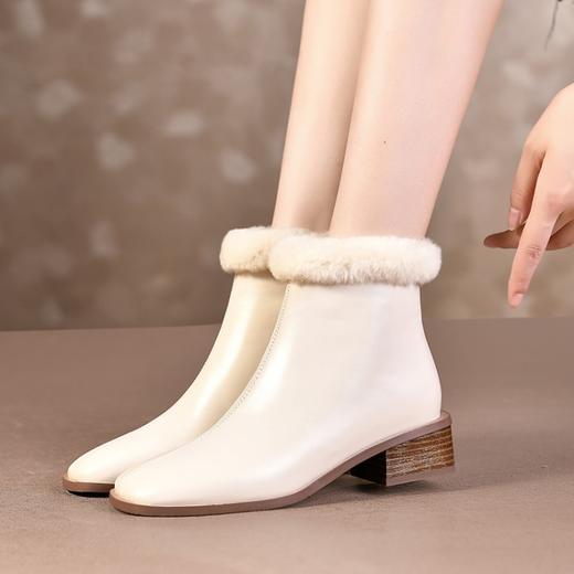 TJXY-XF8175     秋冬新款方头低跟纯色真皮骑士靴侧拉链羊羔毛短筒舒适百搭中跟靴 商品图4