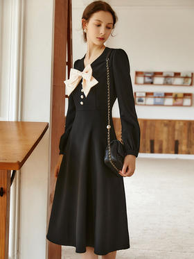 欧芮儿赫本风连衣裙女新款2021收腰法式小个子蝴蝶结黑色裙子