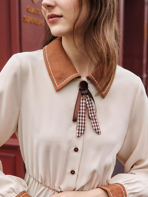 欧芮儿卡其色连衣裙女新款2021收腰显瘦撞色翻领气质减龄裙子 商品图2