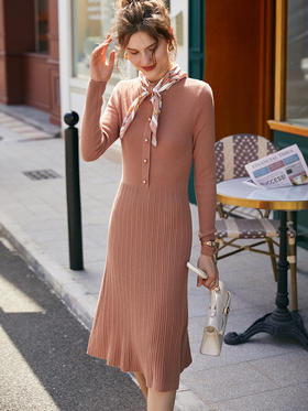 欧芮儿针织连衣裙女春秋新款2021收腰显瘦时尚法式修身时髦纯色裙