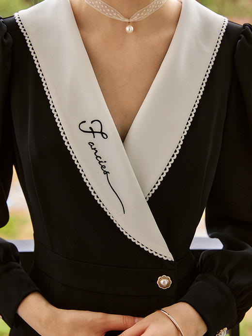 欧芮儿赫本风连衣裙女春秋2021新款收腰显瘦法式复古翻领黑色长裙 商品图3