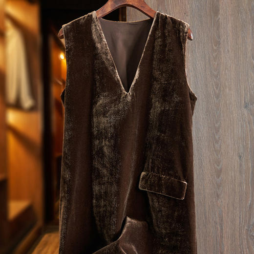 丁摩 真丝绒连衣裙女春秋新款欧货V领高贵洋气金丝绒a字背心裙Q121201 商品图4