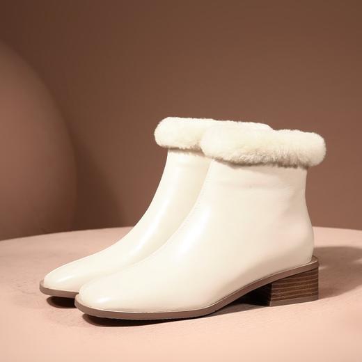 TJXY-XF8175     秋冬新款方头低跟纯色真皮骑士靴侧拉链羊羔毛短筒舒适百搭中跟靴 商品图7