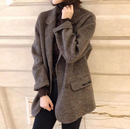 【服饰鞋包】秋冬季双面羊绒复古宽松小西装格子中长款毛呢外套 商品图0