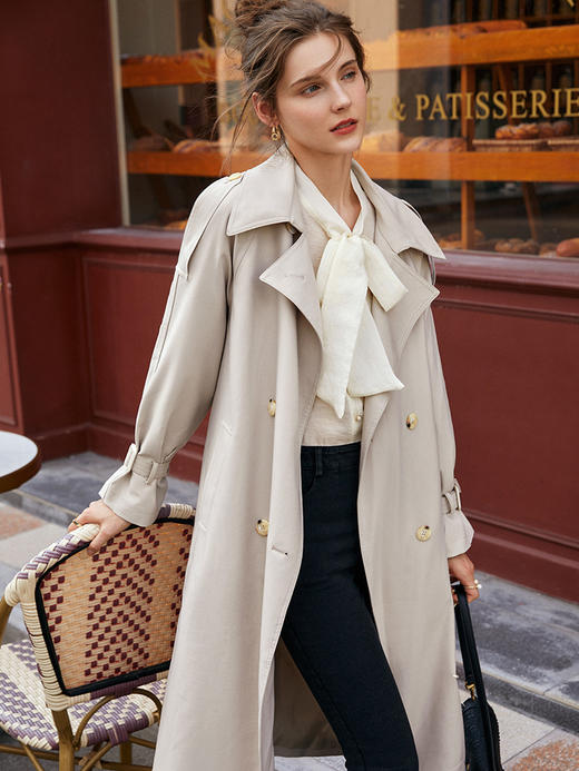 欧芮儿长款风衣外套女新款2021宽松显瘦英伦风双排扣过膝大衣 商品图2