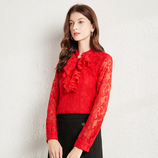 丁摩 春秋法式复古荷叶边套头衫时尚洋气打底小衬衫Q121184 商品图3