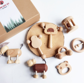 【婴儿磨牙器】猪宝宝实木可啃咬新生儿百天满月手摇铃拨浪鼓礼盒