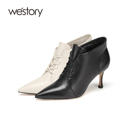 westory秋季新款尖头真皮系带中筒高跟时尚靴W20CM70641 商品图1